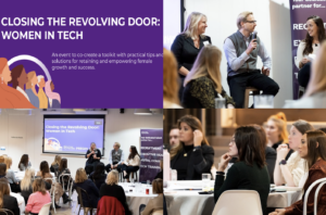 4 photos from an event with speakers, audience members, and the poster with event name
